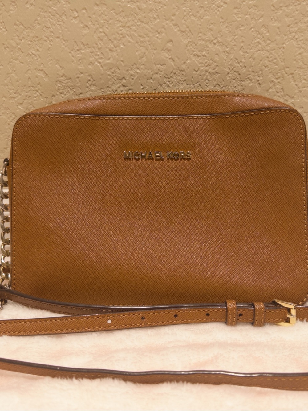 Michael Kors Tan Saffiano Leather Crossbody with Gold Logo